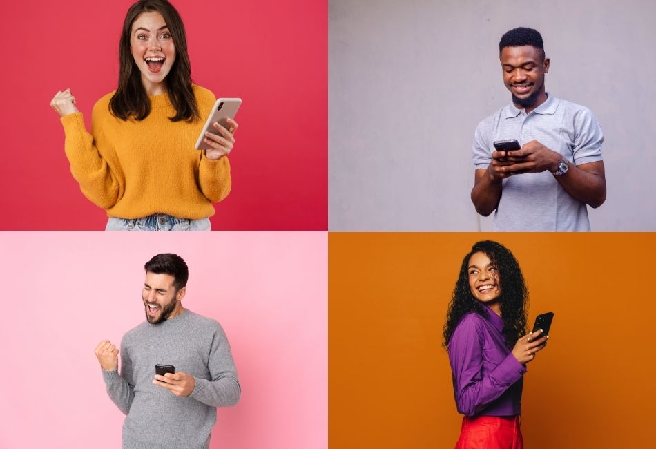 Happy creator using a smartphone