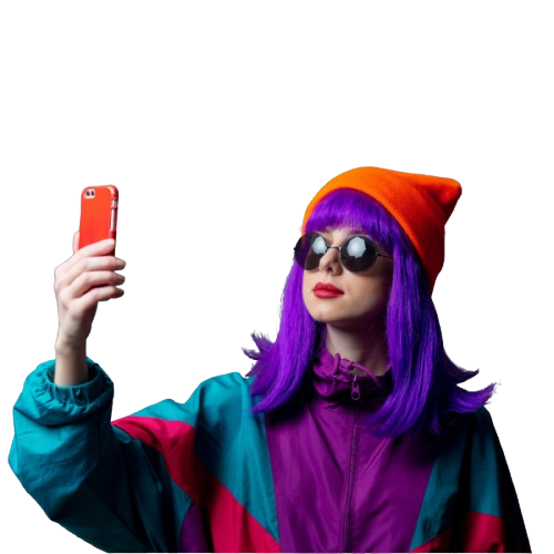 Creator wearing purple and teal with a smartphone